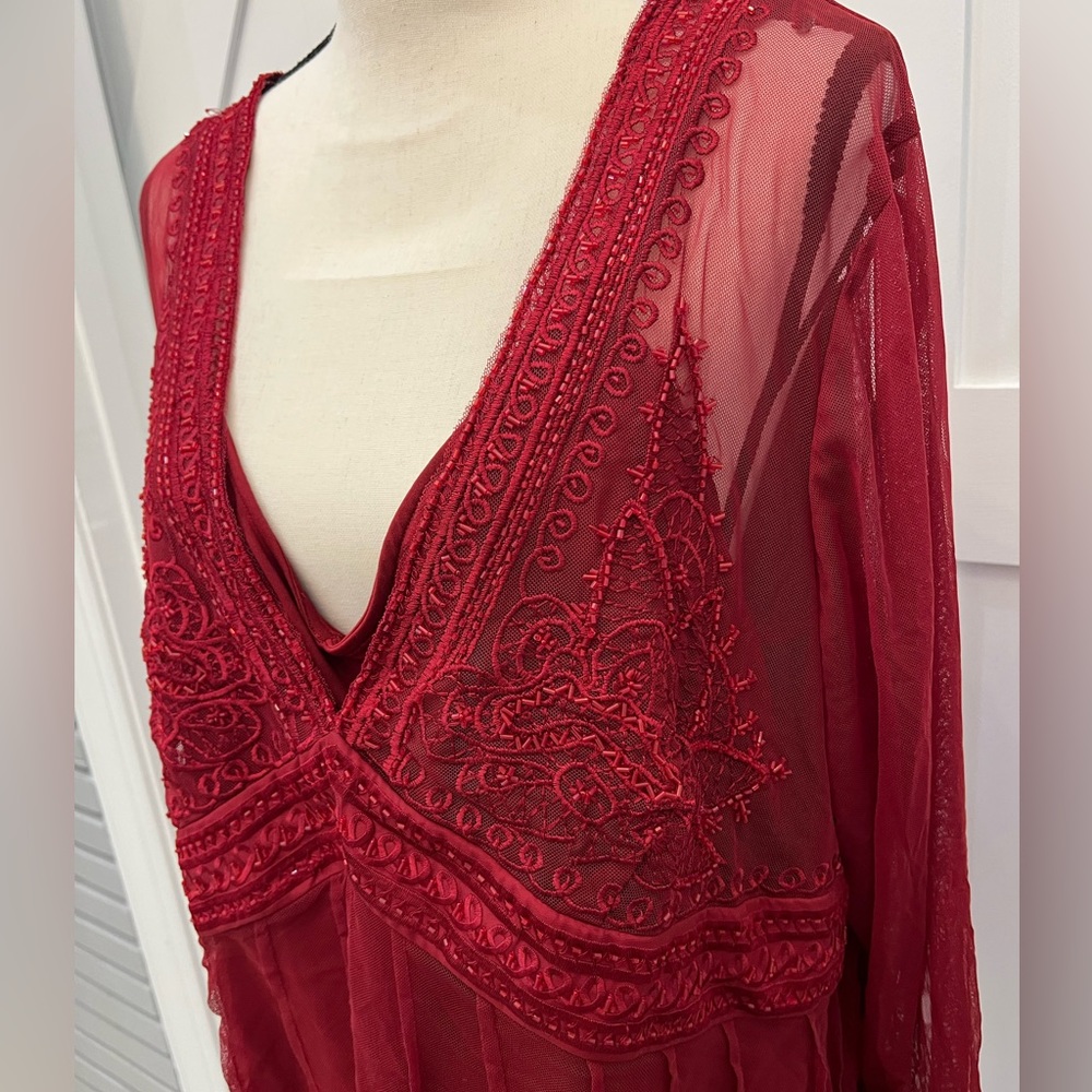 Lane Bryant Red Beaded Lace Sheer Long Sleeve Top - Picture 2 of 6